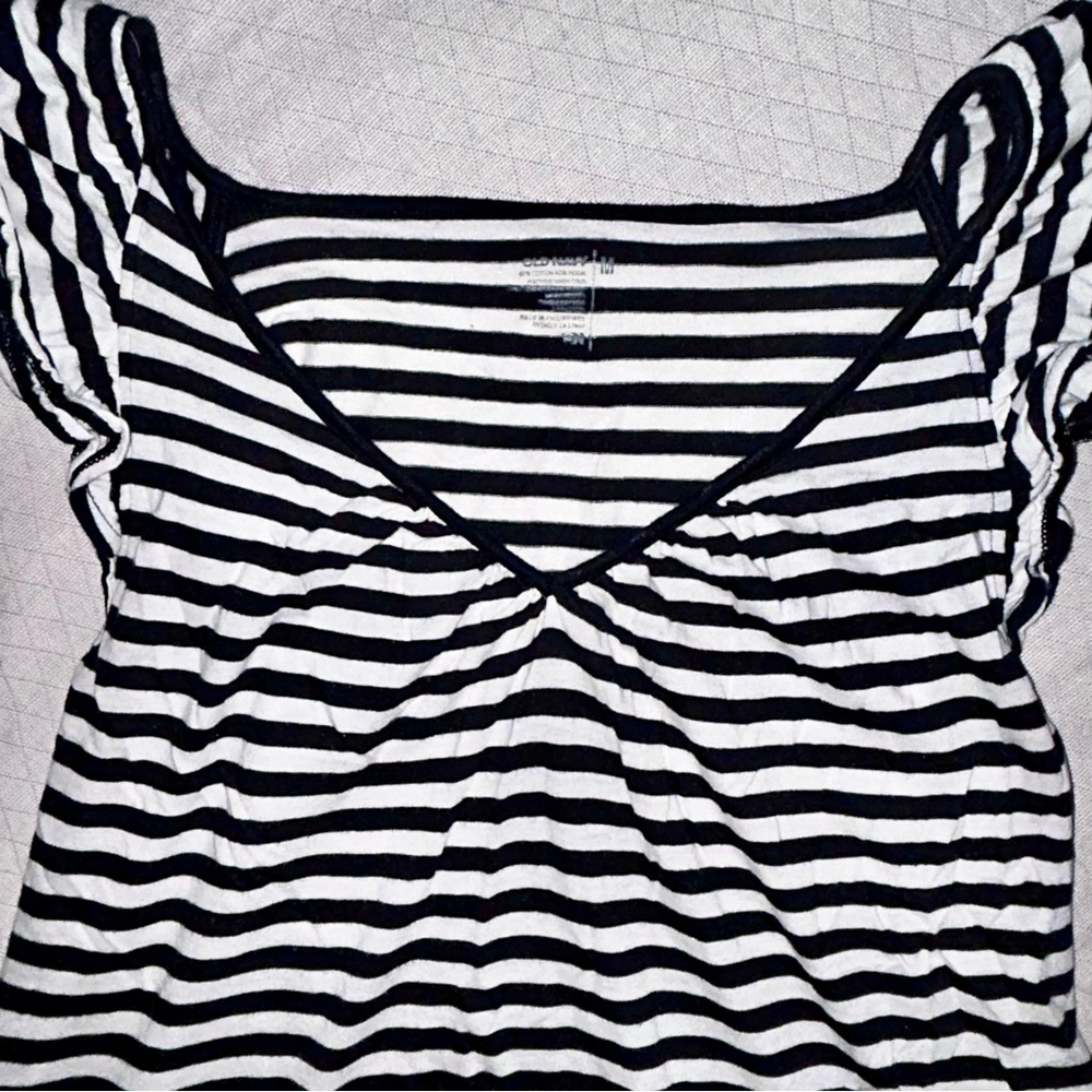 Y2K Black & White Striped Top Flowy Short Flutter Sleeve Blouse V-Neck Chic M - Picture 5 of 8